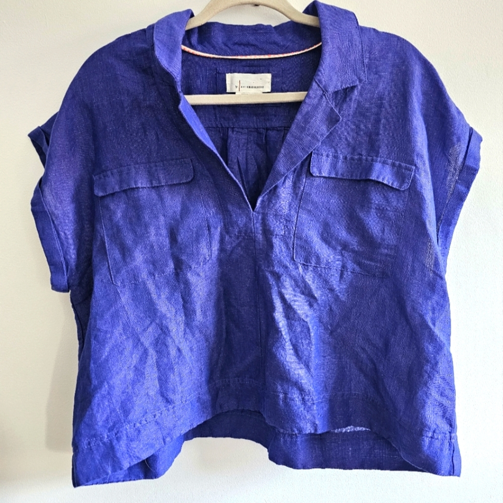Anthropologie Linen-Blend Cobalt Blue Cropped Utility Pocket Pullover